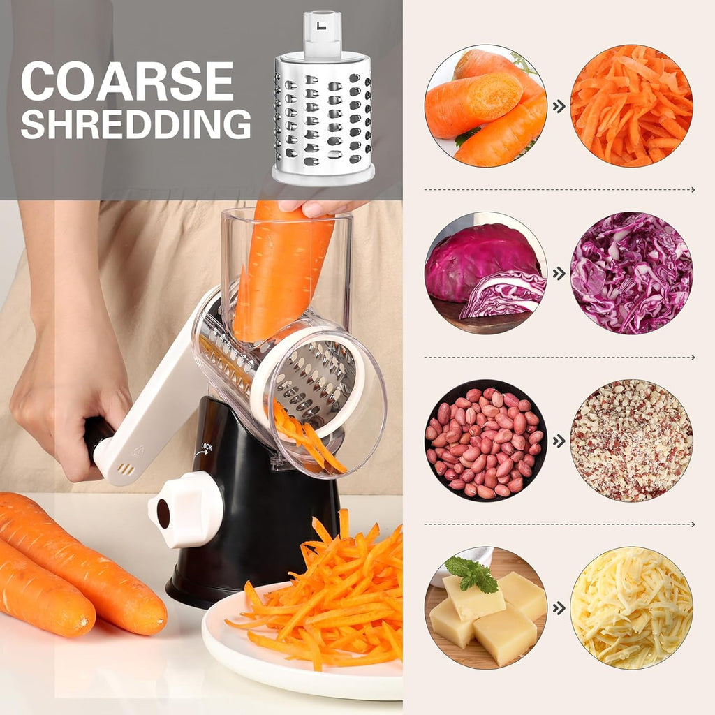 Rotary Grater with Hand Crank - Versatile Shredder for Cheese, Vegetables, and Nuts, Featuring Non-Slip Suction Base and Three Blades, Black