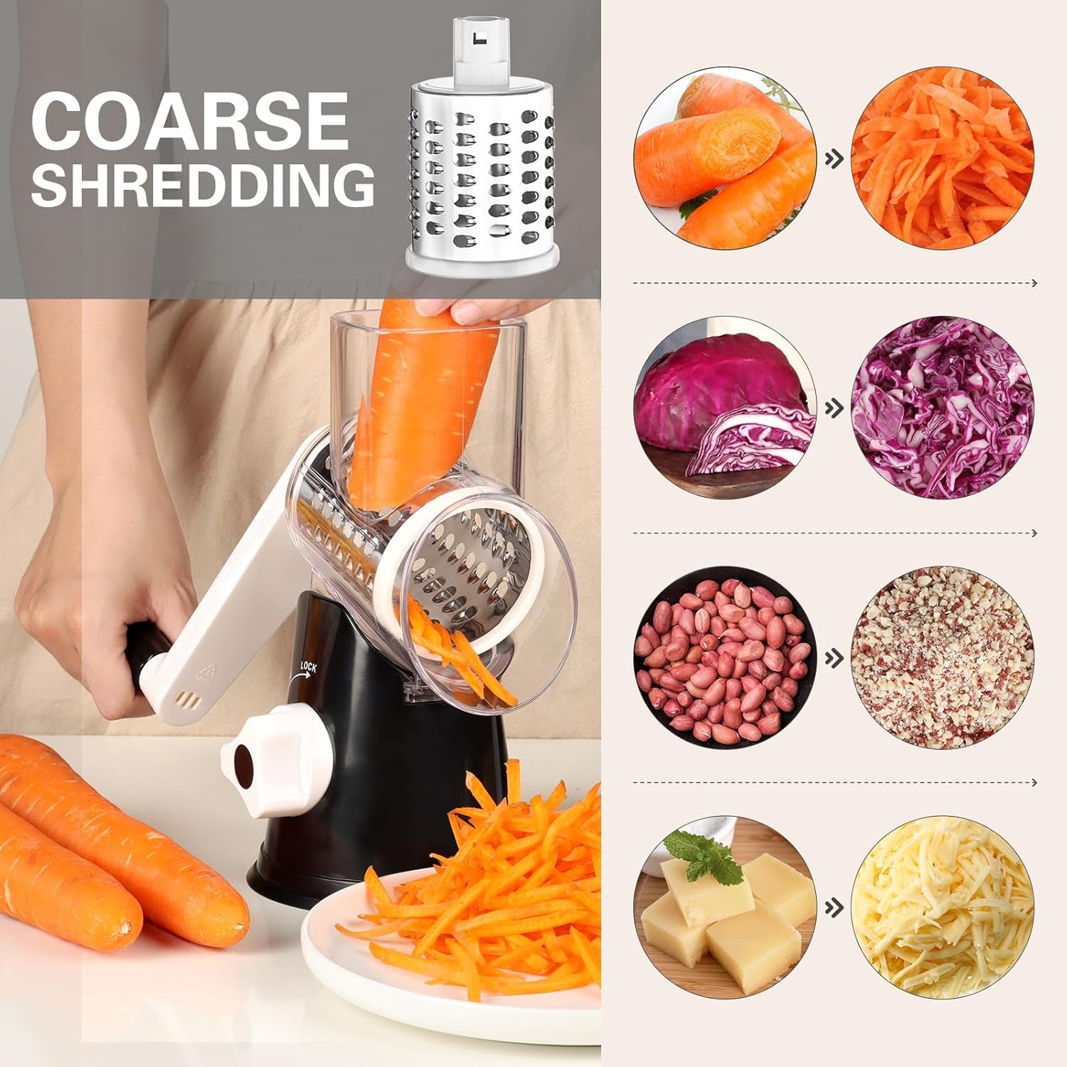 Rotary Grater with Hand Crank - Versatile Shredder for Cheese, Vegetables, and Nuts, Featuring Non-Slip Suction Base and Three Blades, Black