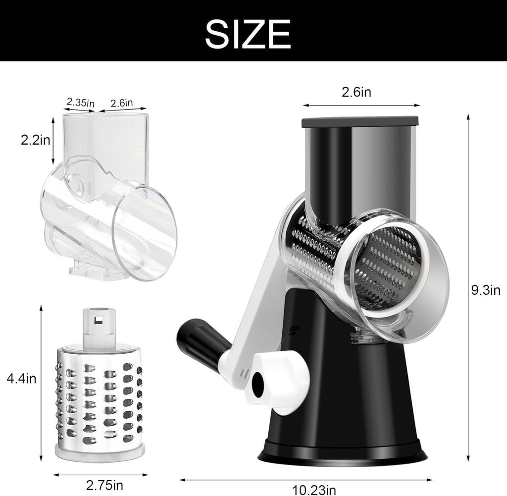 Rotary Grater with Hand Crank - Versatile Shredder for Cheese, Vegetables, and Nuts, Featuring Non-Slip Suction Base and Three Blades, Black
