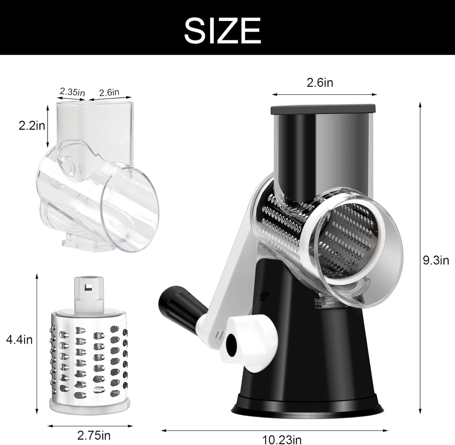 Rotary Grater with Hand Crank - Versatile Shredder for Cheese, Vegetables, and Nuts, Featuring Non-Slip Suction Base and Three Blades, Black