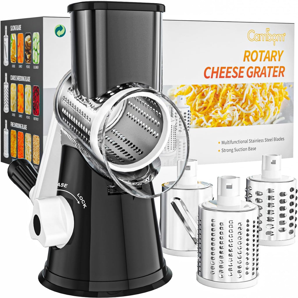 Rotary Grater with Hand Crank - Versatile Shredder for Cheese, Vegetables, and Nuts, Featuring Non-Slip Suction Base and Three Blades, Black