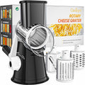 Rotary Grater with Hand Crank - Versatile Shredder for Cheese, Vegetables, and Nuts, Featuring Non-Slip Suction Base and Three Blades, Black