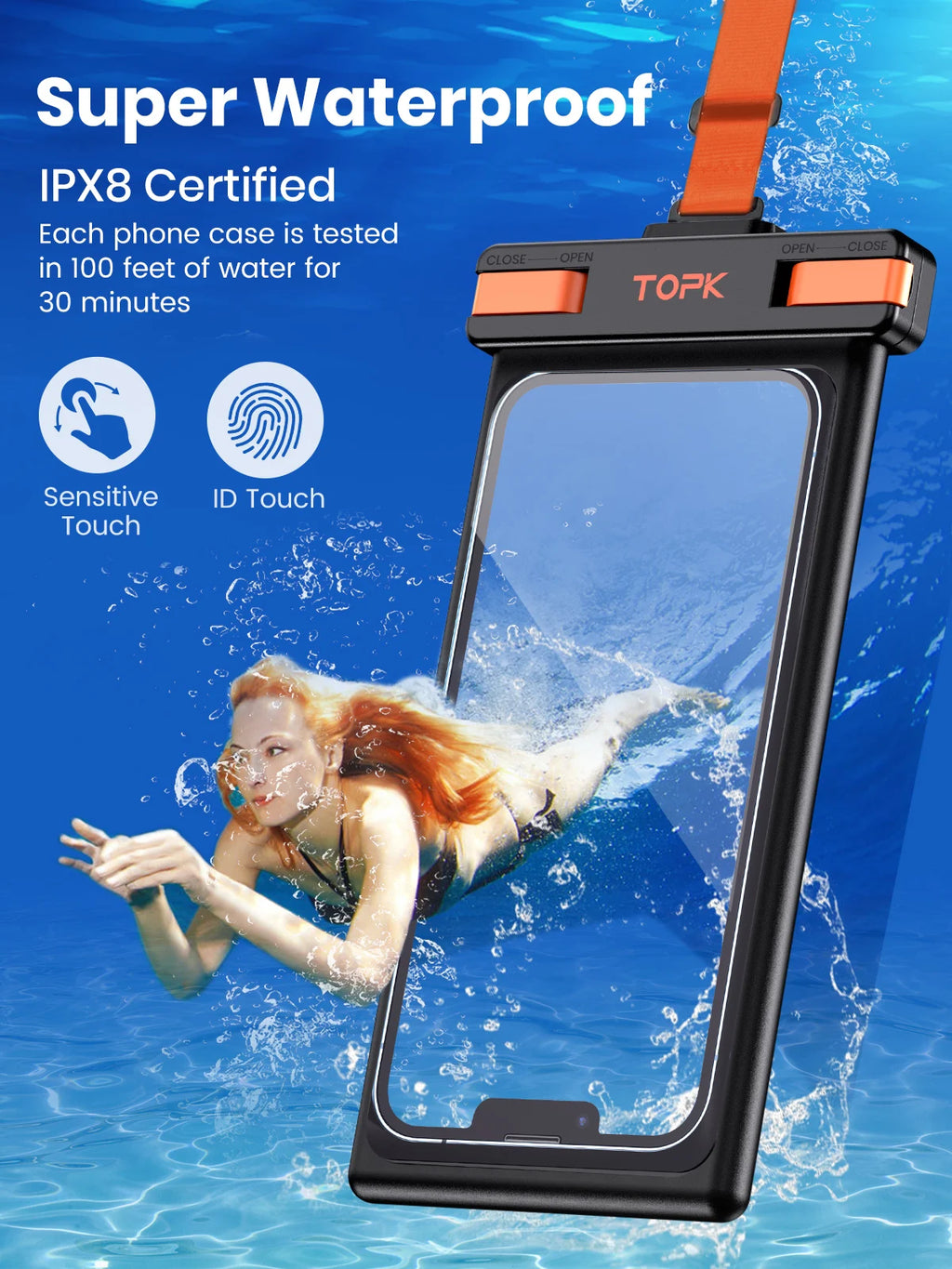 IPX8 Waterproof Phone Case with Underwater Touchscreen Capability, Compatible with Mobile Phones Up to 7.0 Inches