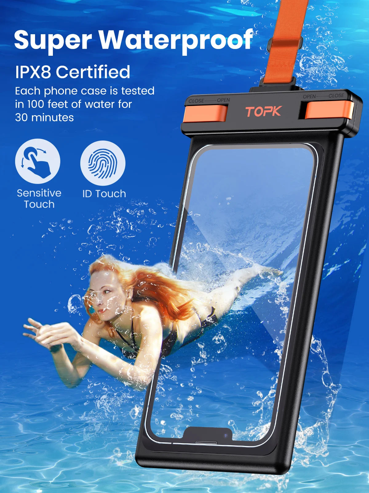IPX8 Waterproof Phone Case with Underwater Touchscreen Capability, Compatible with Mobile Phones Up to 7.0 Inches
