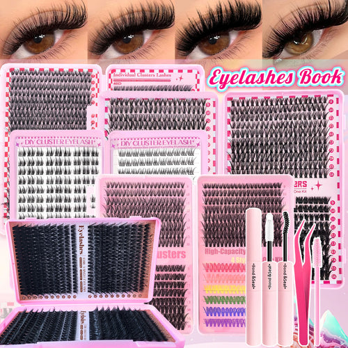 800/740/600/280Pcs Individual Lash Cluster Set, D Curl 9-16Mm Effect DIY Handmade False Eyelashes, with Glue Tweezers and Brush