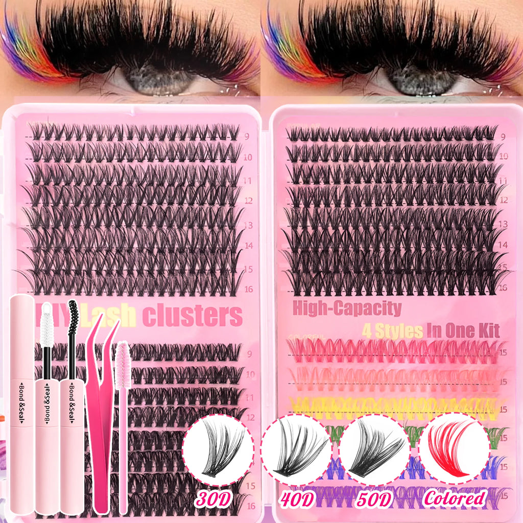 800/740/600/280Pcs Individual Lash Cluster Set, D Curl 9-16Mm Effect DIY Handmade False Eyelashes, with Glue Tweezers and Brush