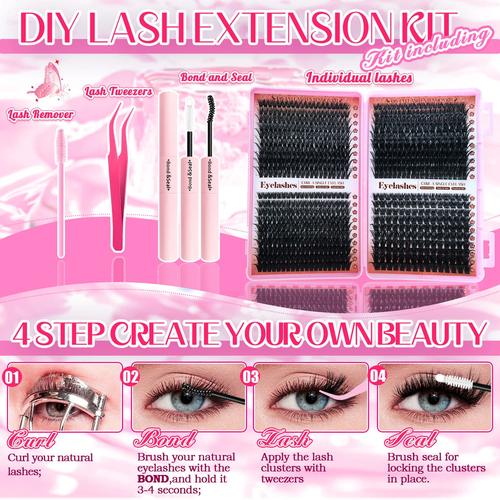 800/740/600/280Pcs Individual Lash Cluster Set, D Curl 9-16Mm Effect DIY Handmade False Eyelashes, with Glue Tweezers and Brush