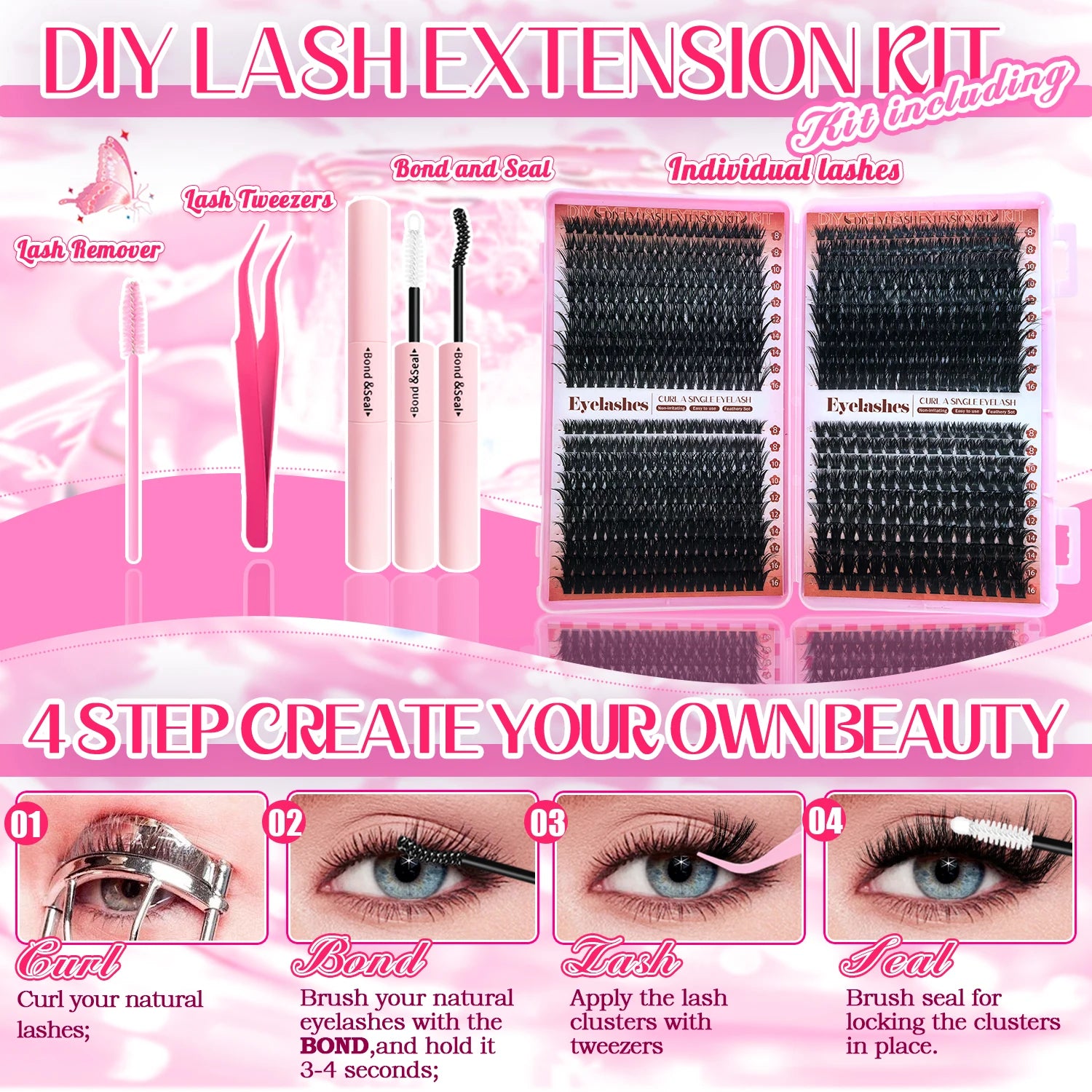 800/740/600/280Pcs Individual Lash Cluster Set, D Curl 9-16Mm Effect DIY Handmade False Eyelashes, with Glue Tweezers and Brush