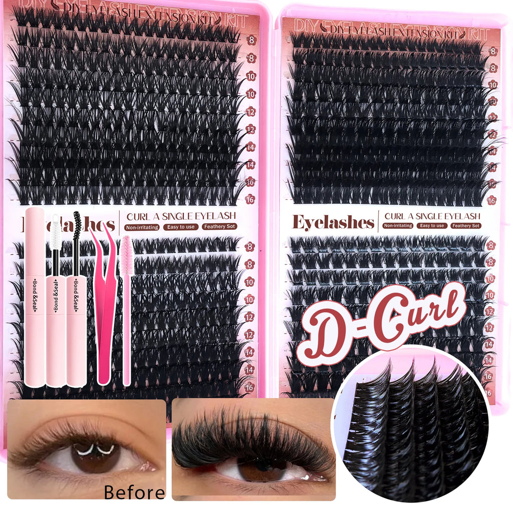 800/740/600/280Pcs Individual Lash Cluster Set, D Curl 9-16Mm Effect DIY Handmade False Eyelashes, with Glue Tweezers and Brush
