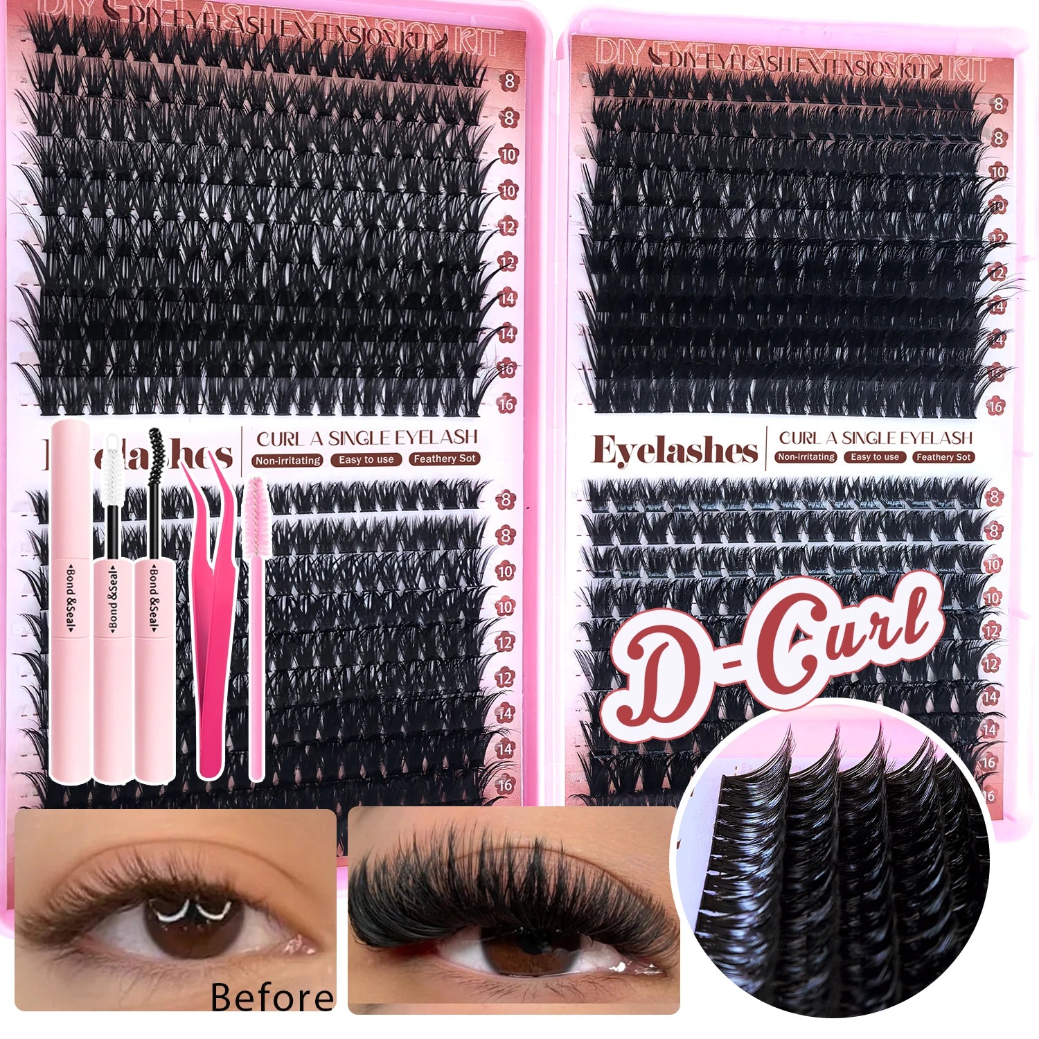 800/740/600/280Pcs Individual Lash Cluster Set, D Curl 9-16Mm Effect DIY Handmade False Eyelashes, with Glue Tweezers and Brush