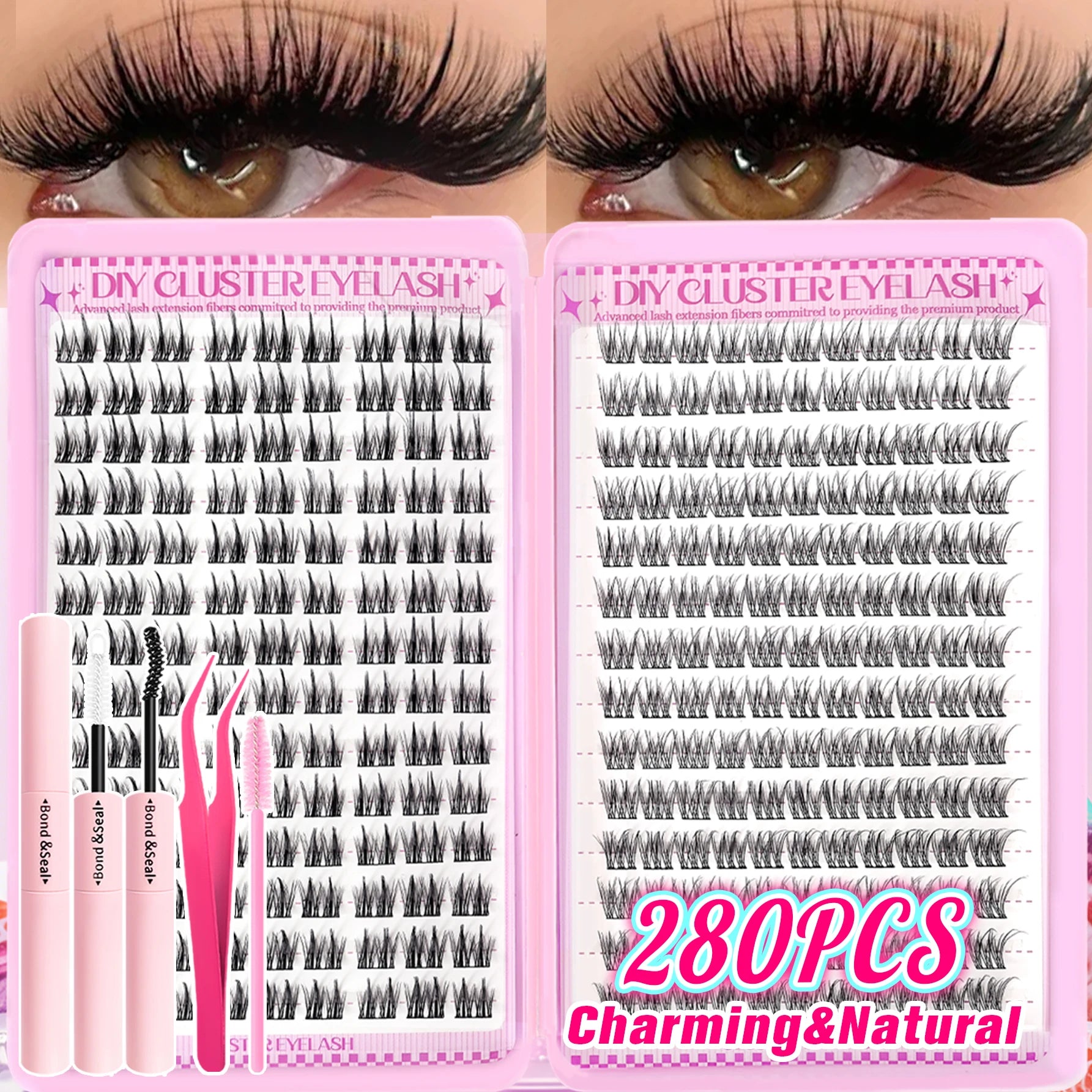 800/740/600/280Pcs Individual Lash Cluster Set, D Curl 9-16Mm Effect DIY Handmade False Eyelashes, with Glue Tweezers and Brush