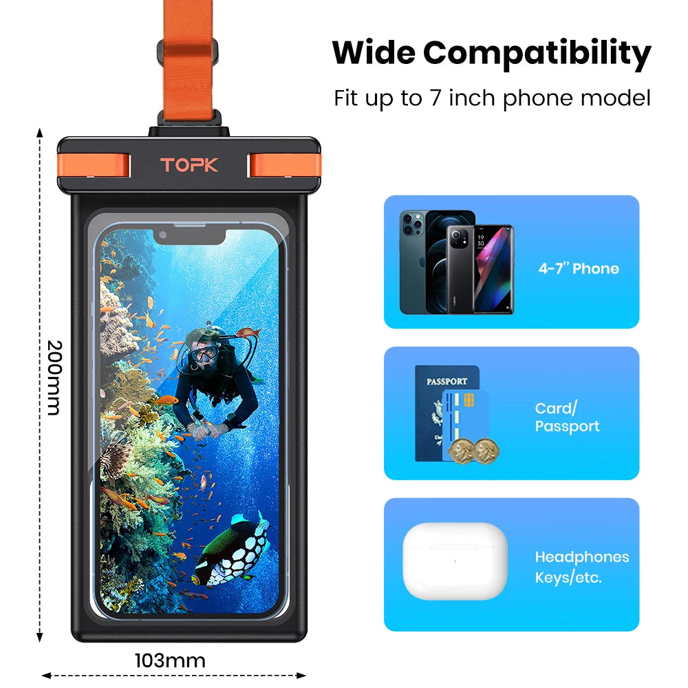 IPX8 Waterproof Phone Case with Underwater Touchscreen Capability, Compatible with Mobile Phones Up to 7.0 Inches