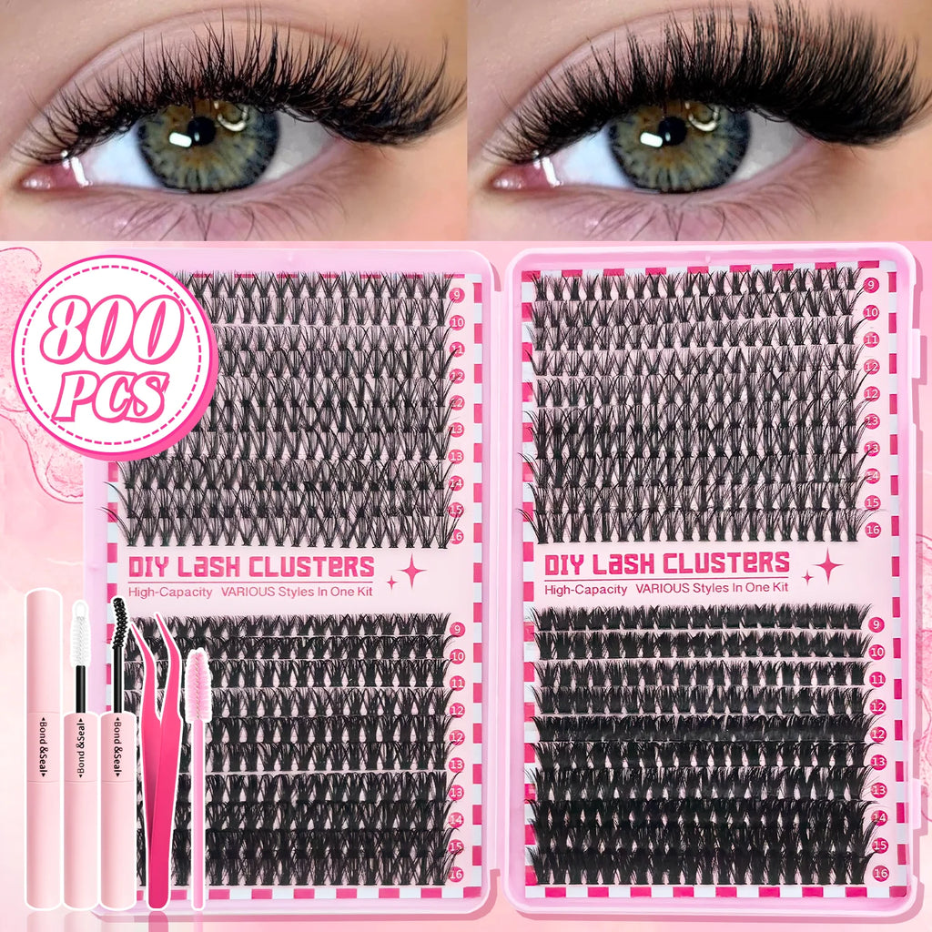 800/740/600/280Pcs Individual Lash Cluster Set, D Curl 9-16Mm Effect DIY Handmade False Eyelashes, with Glue Tweezers and Brush