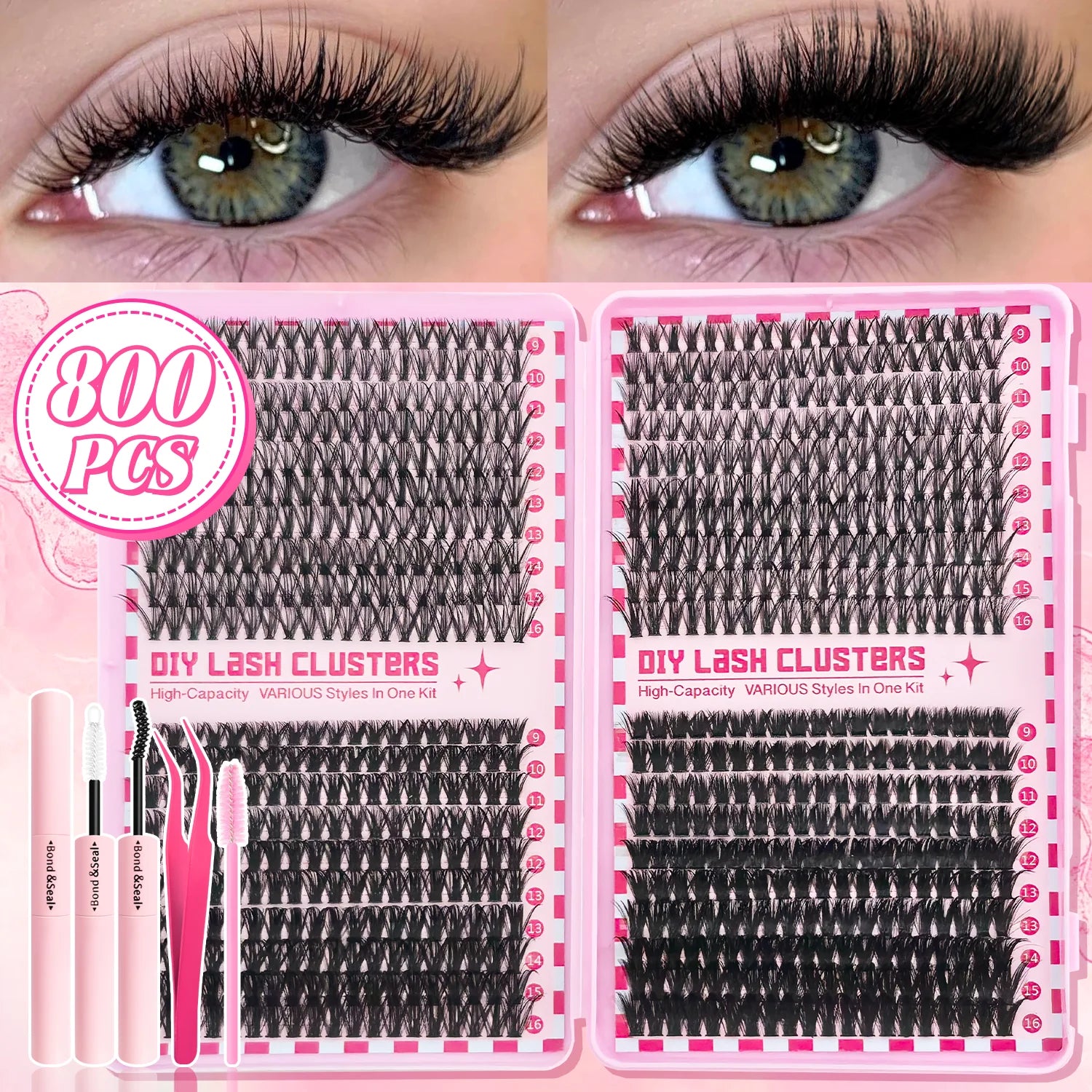 800/740/600/280Pcs Individual Lash Cluster Set, D Curl 9-16Mm Effect DIY Handmade False Eyelashes, with Glue Tweezers and Brush