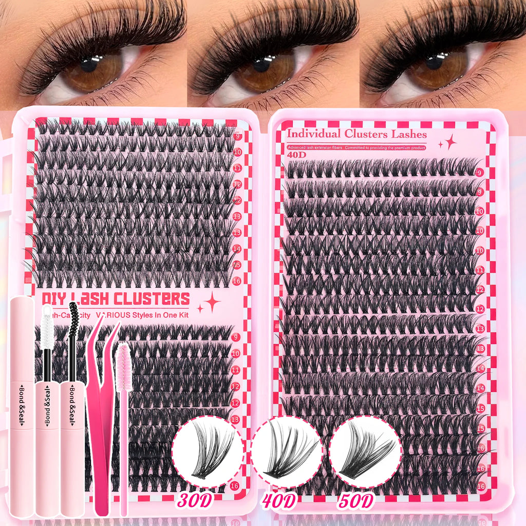 800/740/600/280Pcs Individual Lash Cluster Set, D Curl 9-16Mm Effect DIY Handmade False Eyelashes, with Glue Tweezers and Brush