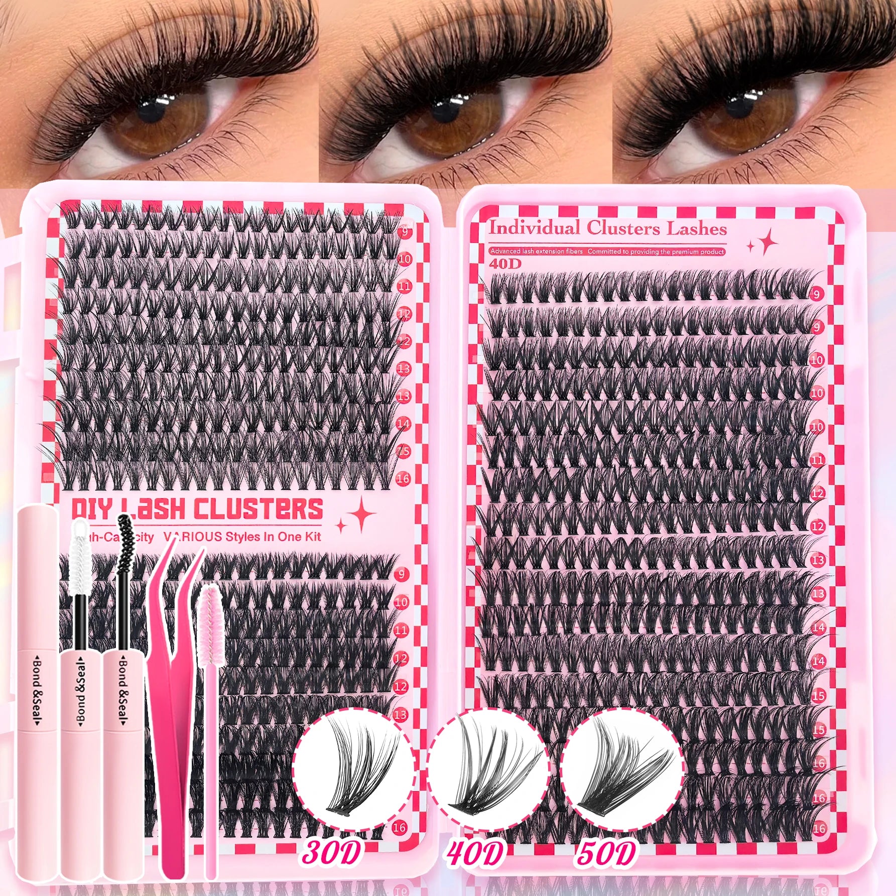 800/740/600/280Pcs Individual Lash Cluster Set, D Curl 9-16Mm Effect DIY Handmade False Eyelashes, with Glue Tweezers and Brush