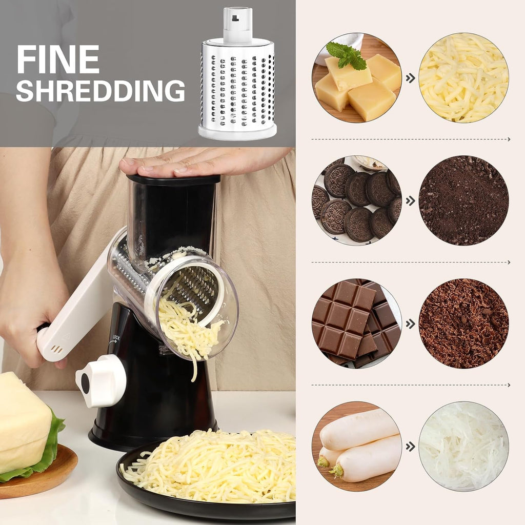 Rotary Grater with Hand Crank - Versatile Shredder for Cheese, Vegetables, and Nuts, Featuring Non-Slip Suction Base and Three Blades, Black