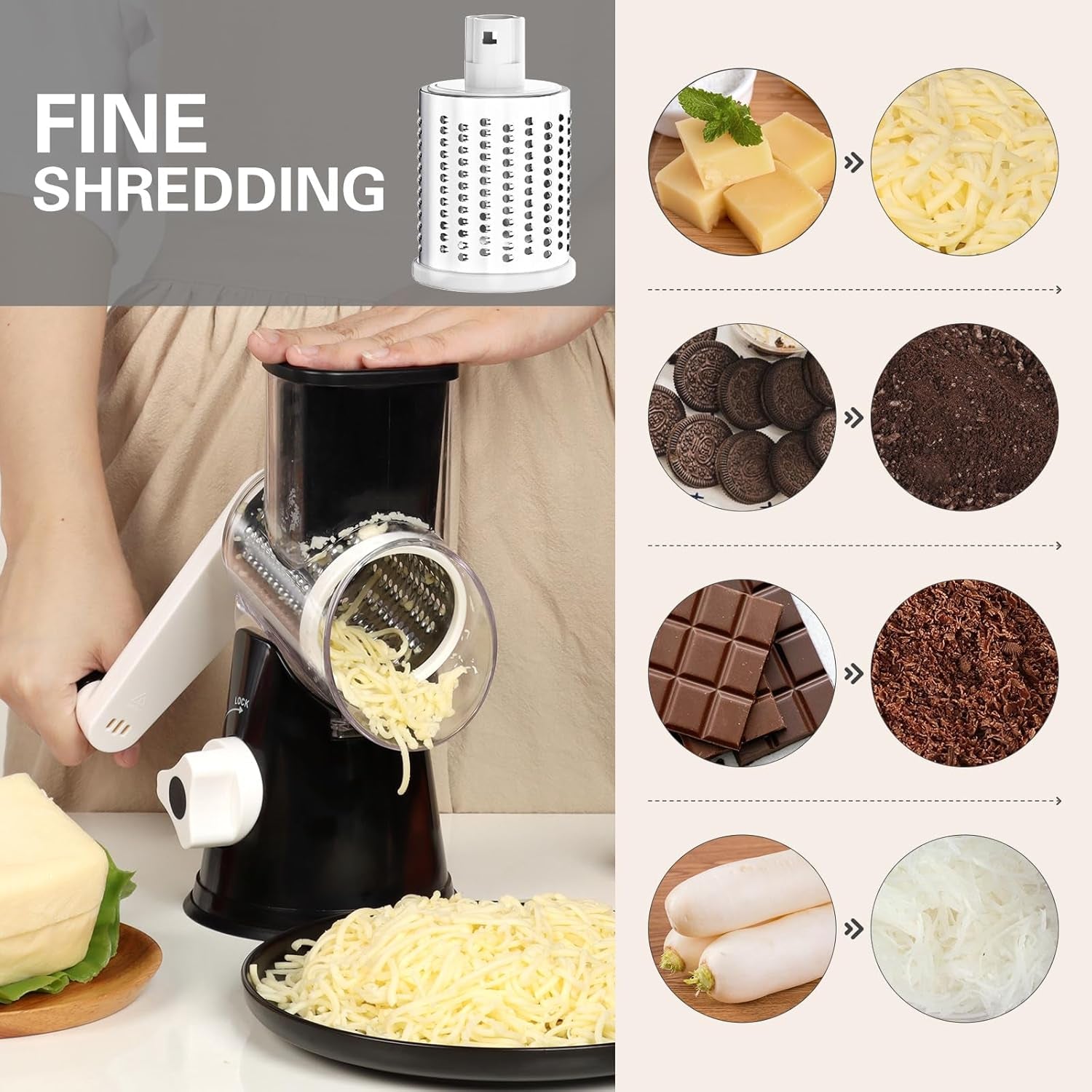 Rotary Grater with Hand Crank - Versatile Shredder for Cheese, Vegetables, and Nuts, Featuring Non-Slip Suction Base and Three Blades, Black