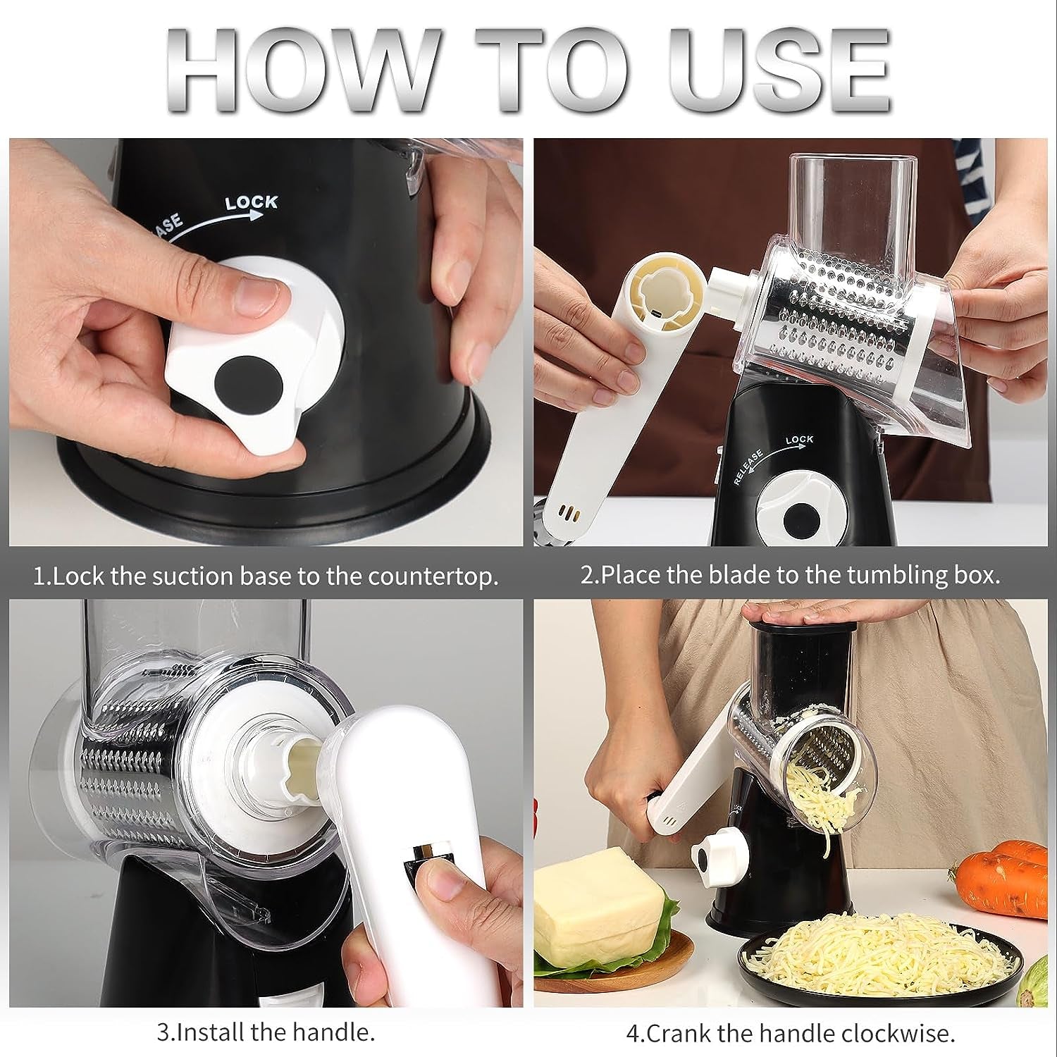 Rotary Grater with Hand Crank - Versatile Shredder for Cheese, Vegetables, and Nuts, Featuring Non-Slip Suction Base and Three Blades, Black