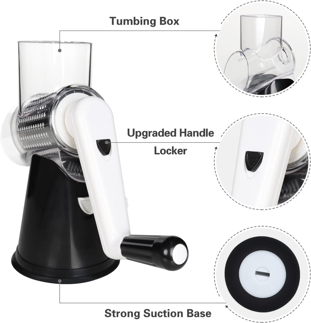 Rotary Grater with Hand Crank - Versatile Shredder for Cheese, Vegetables, and Nuts, Featuring Non-Slip Suction Base and Three Blades, Black
