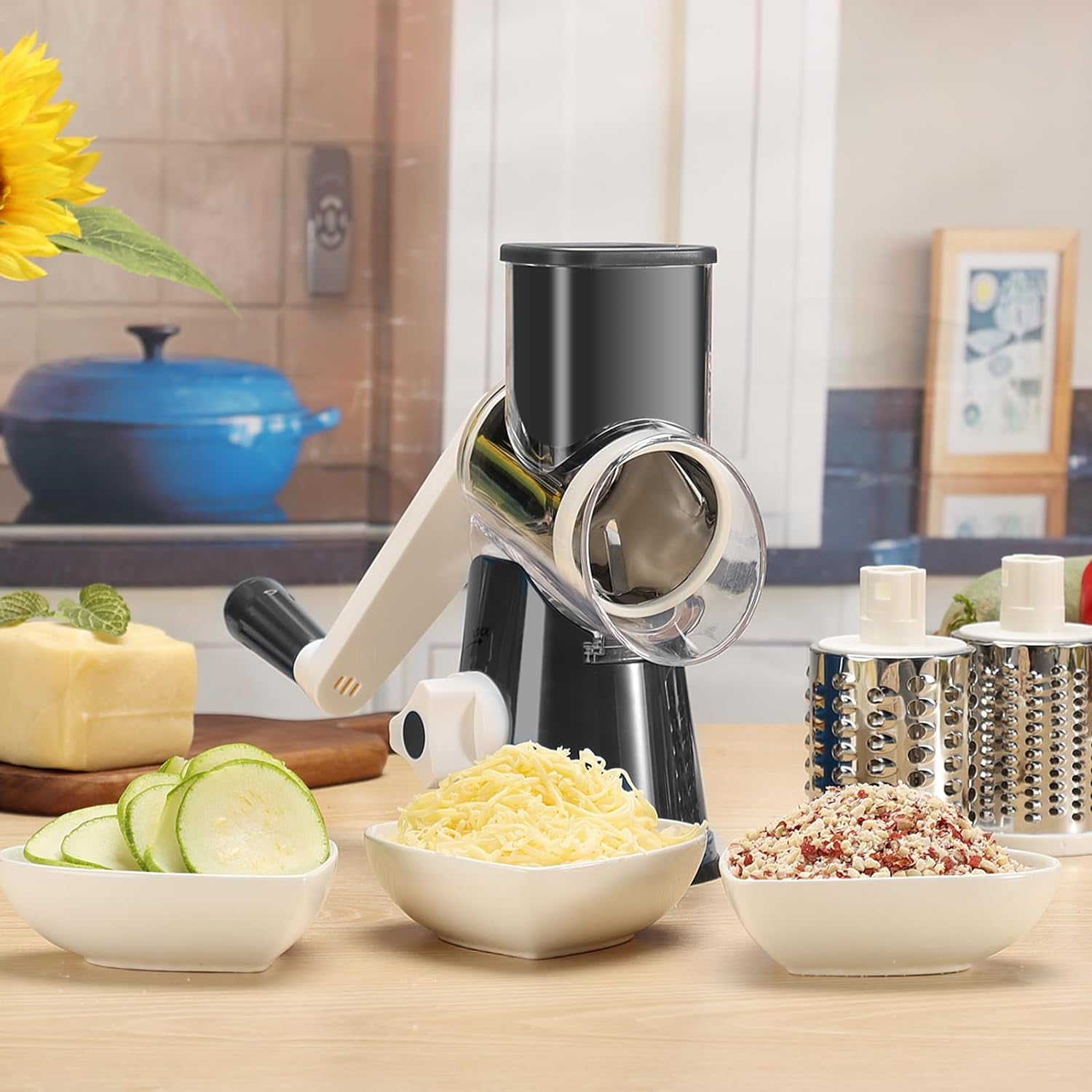 Rotary Grater with Hand Crank - Versatile Shredder for Cheese, Vegetables, and Nuts, Featuring Non-Slip Suction Base and Three Blades, Black